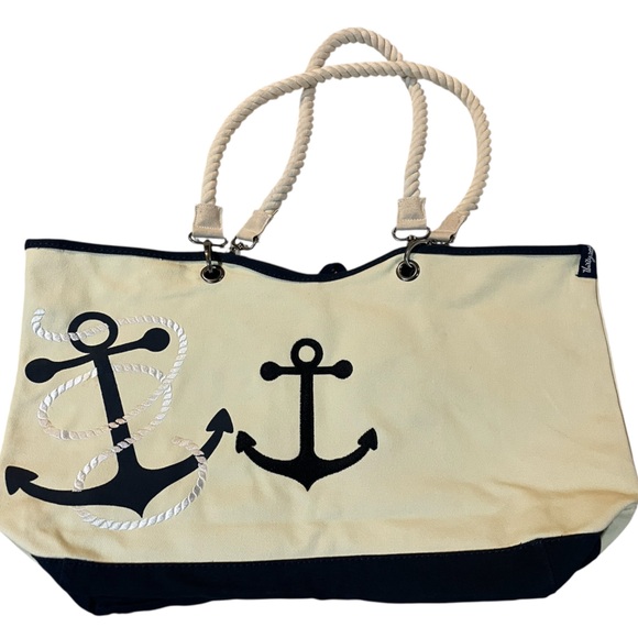Thirty-One Anchor Canvas Tote - Navy and Cream - Picture 1 of 7